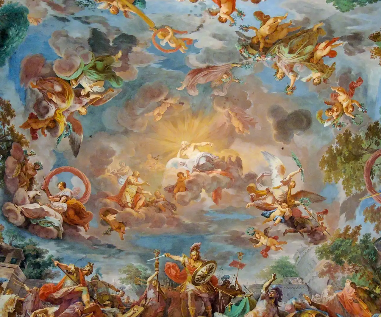 A painted ceiling full of figures and clouds in the Borghese Gallery