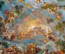 A painted ceiling full of figures and clouds in the Borghese Gallery