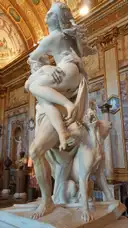 Bernini's marble Pluto and Proserpina in a gilded, frescoed room of the Borghese Gallery