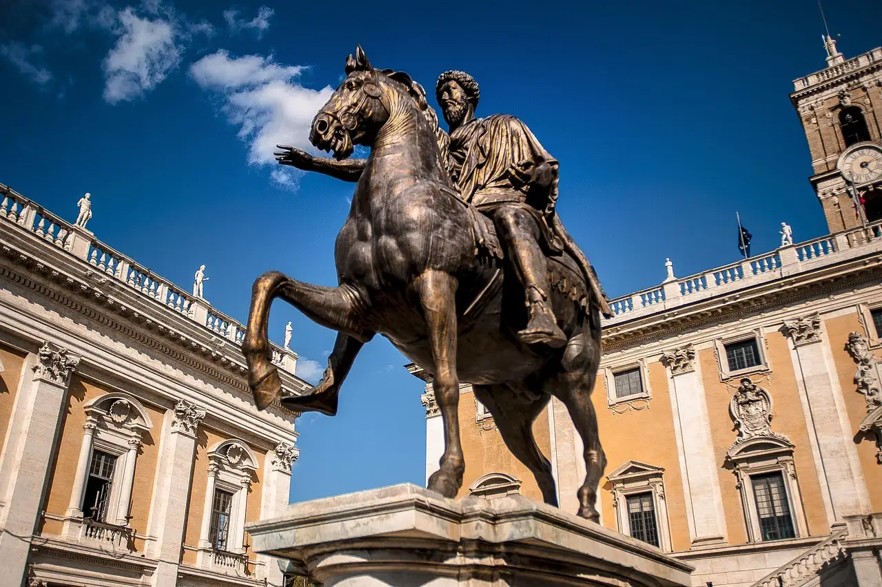 The bronze statue of Marcus Aurelius on horseback in the square in front of the Capitoline Museums