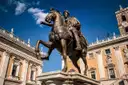 The bronze statue of Marcus Aurelius on horseback in the square in front of the Capitoline Museums
