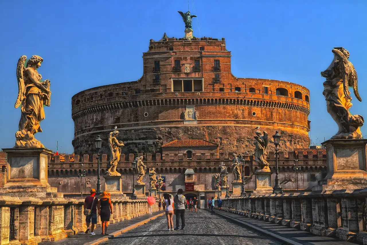 Castel Sant'Angelo seen from the bridge, between two angel statues