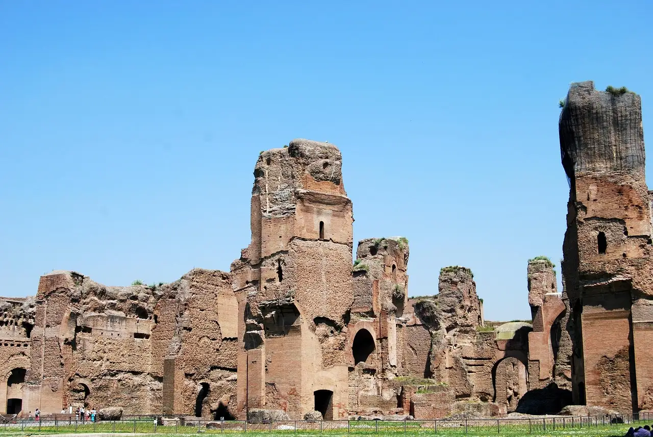 The brick ruins of the Baths of Caracalla in Rome on a sunny day