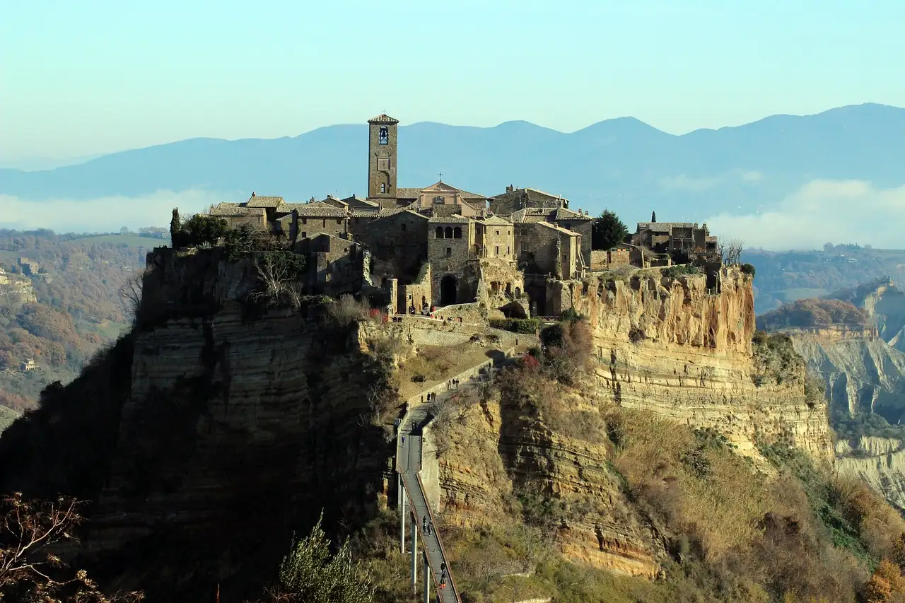 Civita di Bagnoregio on its rock above the valley, with the long footbridge up to it