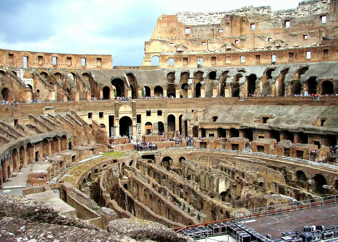 Wide view inside the Colosseum over the old chambers under the arena