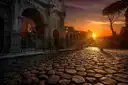 Sunset behind the Arch of Constantine and the Colosseum, seen along an old stone-paved road