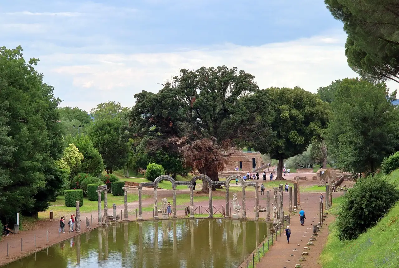 A long pool with columns and trees at Hadrian's Villa near Tivoli