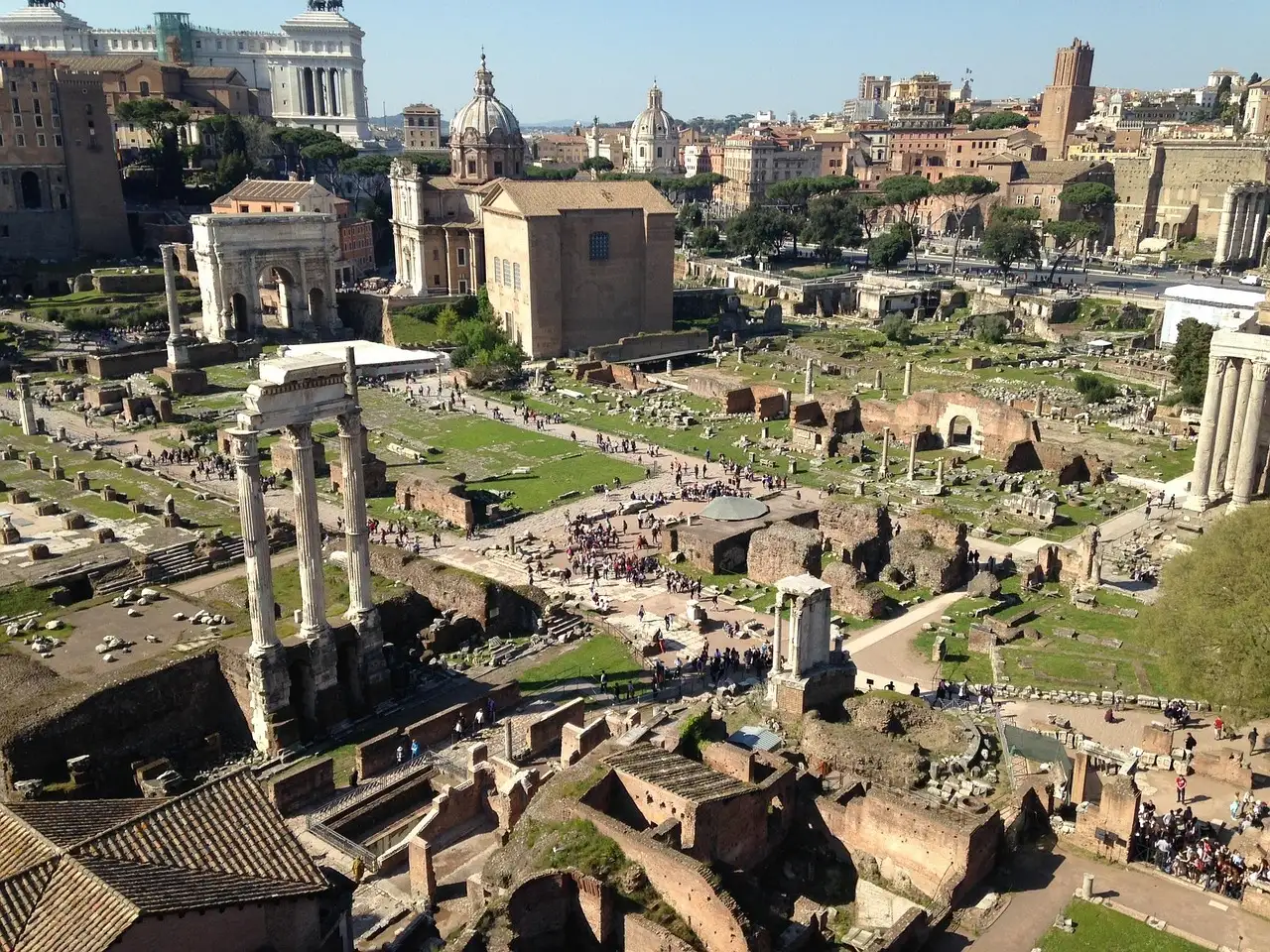The Roman Forum seen from above, with ancient columns and paving