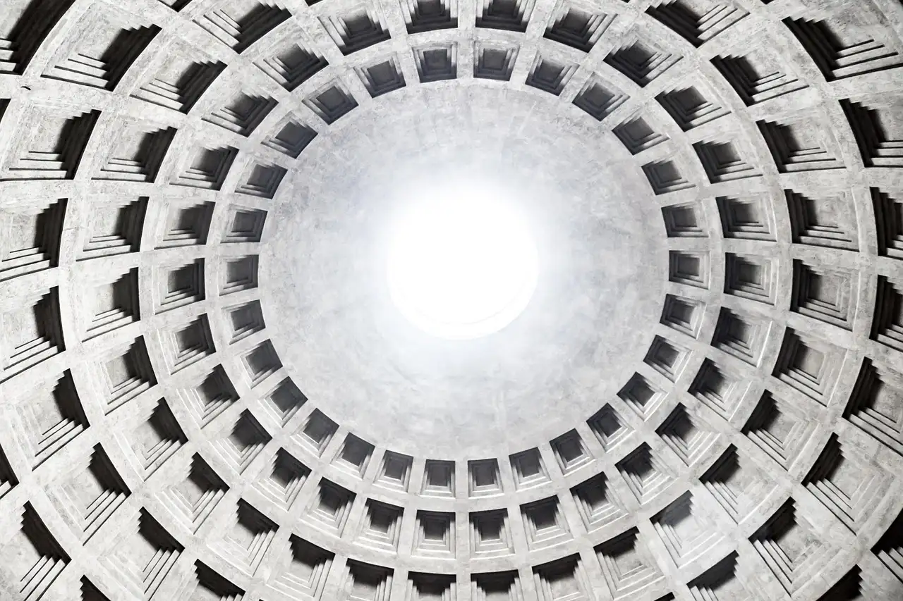 The square coffers of the Pantheon dome seen from below
