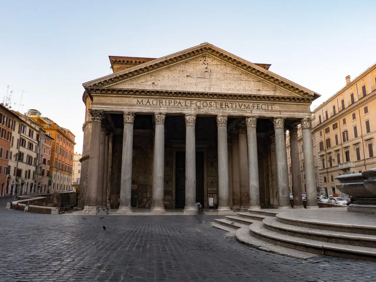 The front of the Pantheon on Piazza della Rotonda in Rome