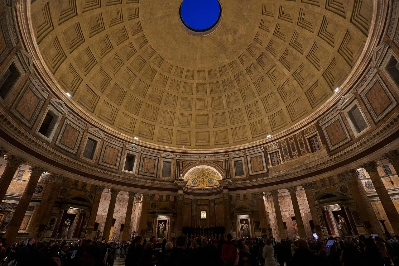 Inside the Pantheon: the coffered dome with the round opening at its top