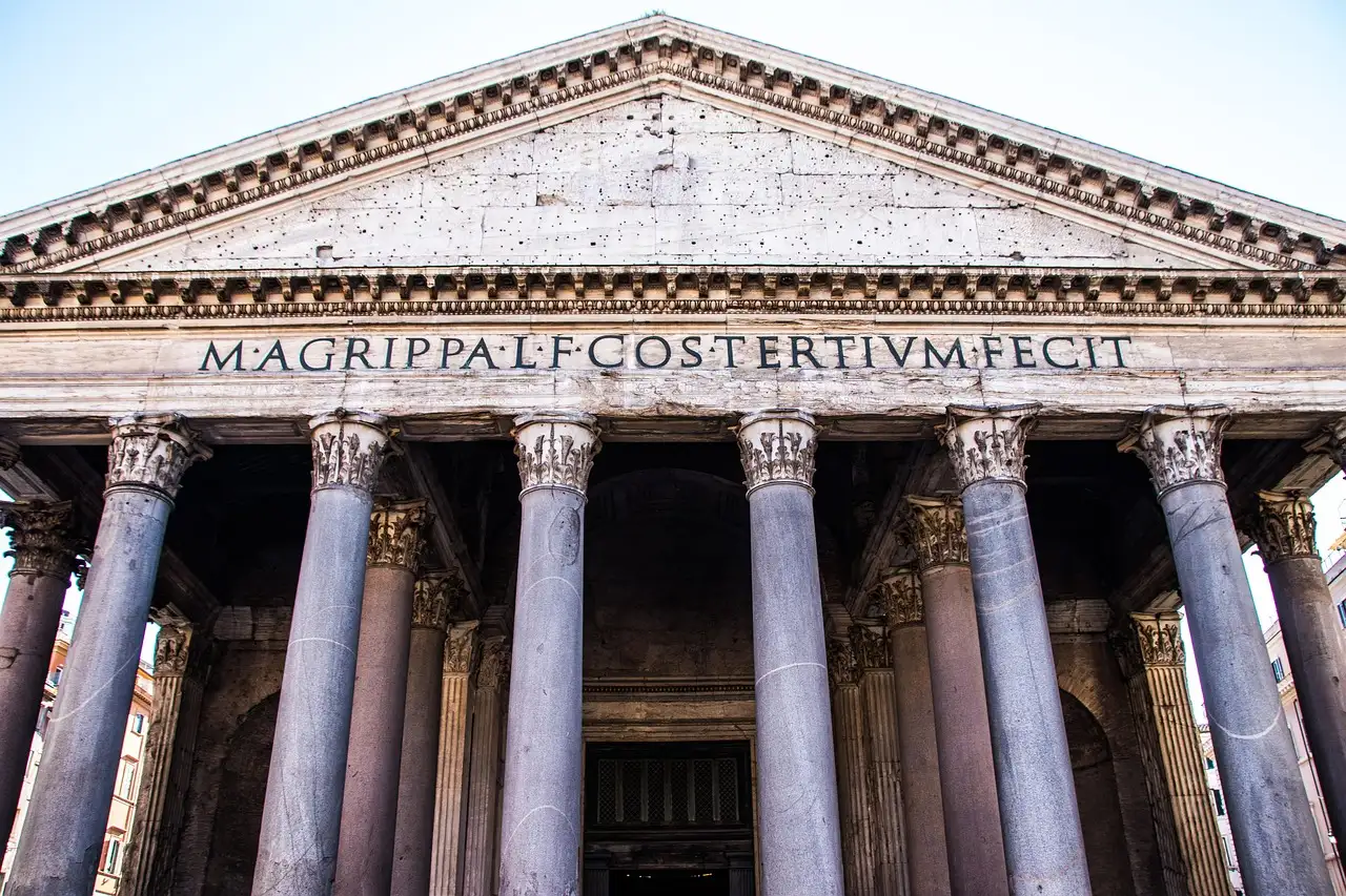 The columns and inscription on the front porch of the Pantheon in Rome