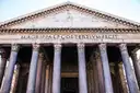 The columns and inscription on the front porch of the Pantheon in Rome