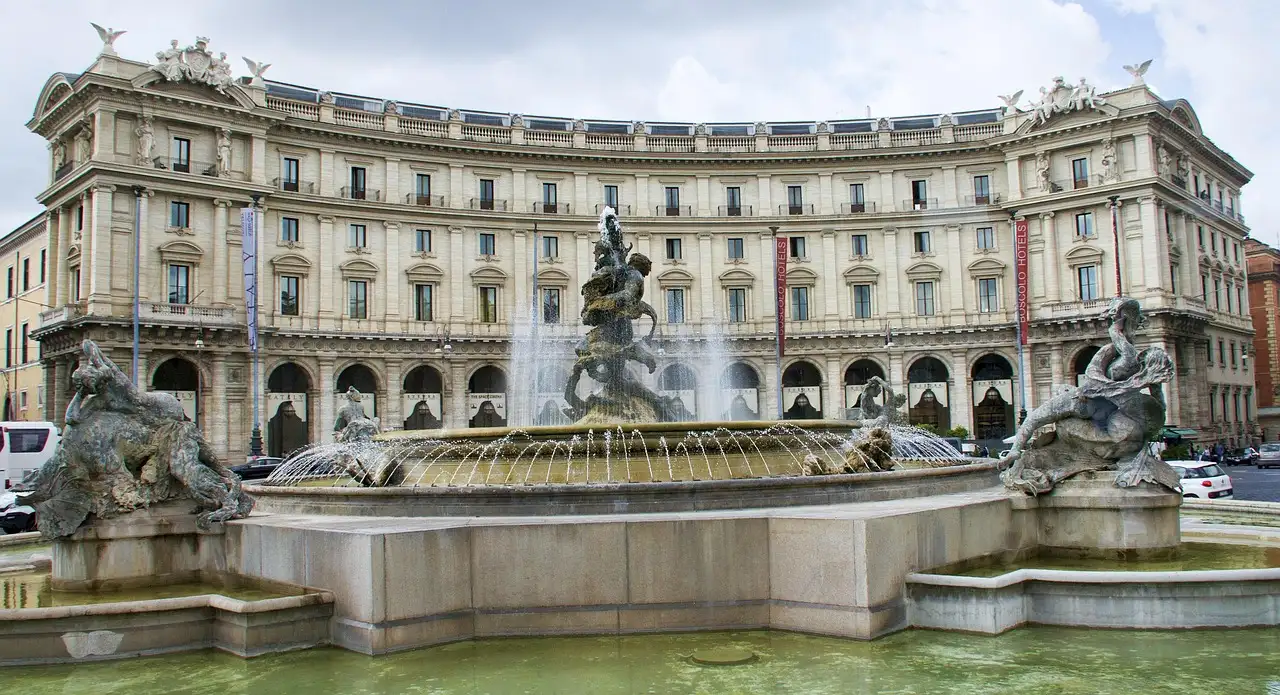 Piazza della Repubblica in Rome with its round fountain and curved arcades