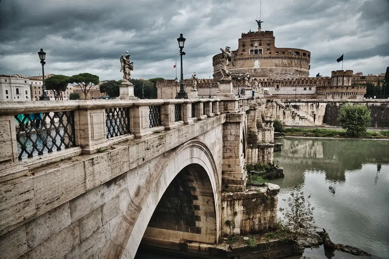 Ponte Sant'Angelo with its lamps and statues, and Castel Sant'Angelo behind