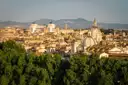 Rome rooftops and church domes in warm evening light, with hills far behind