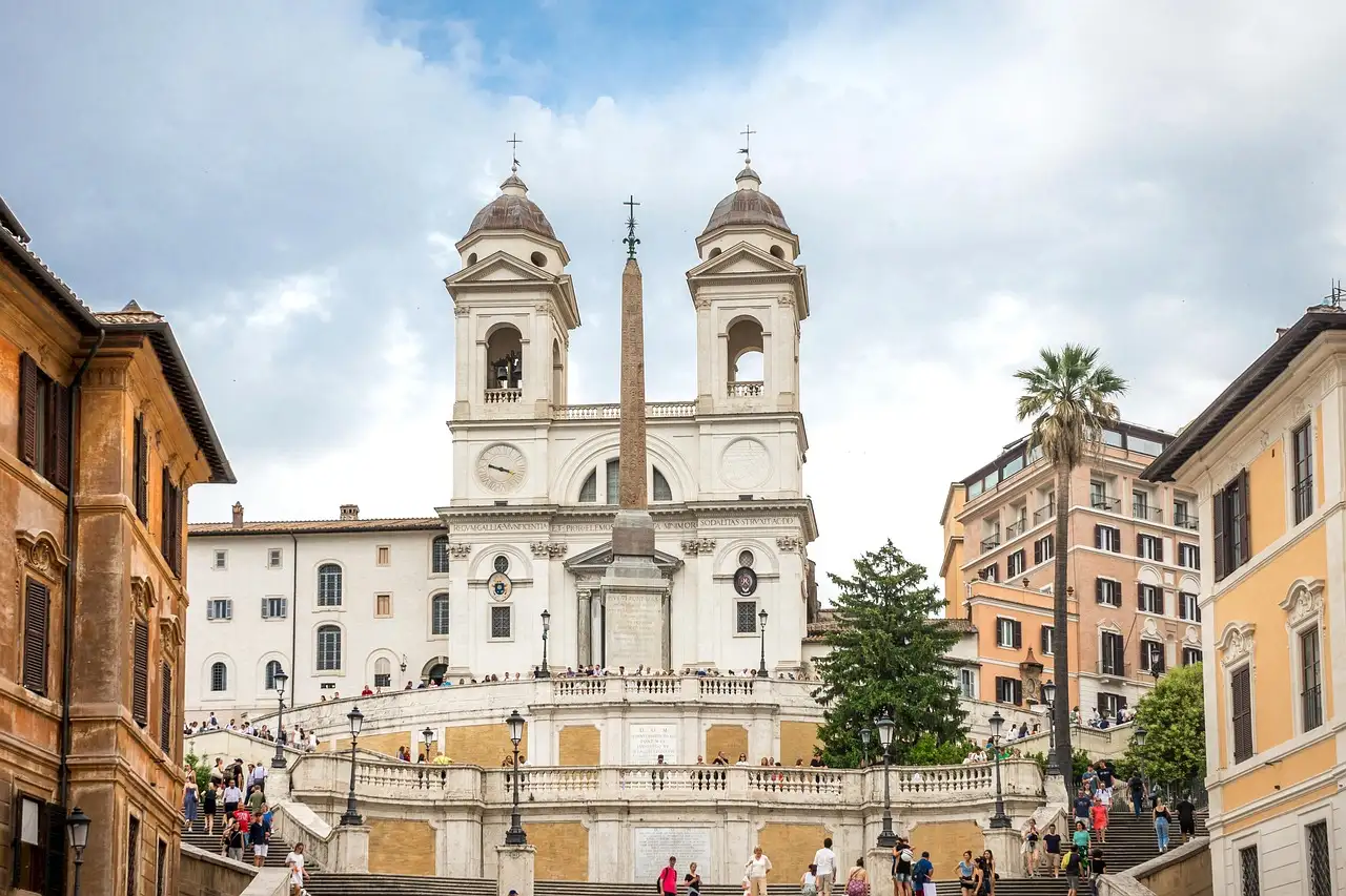 The Spanish Steps leading up to the Trinità dei Monti church and its obelisk