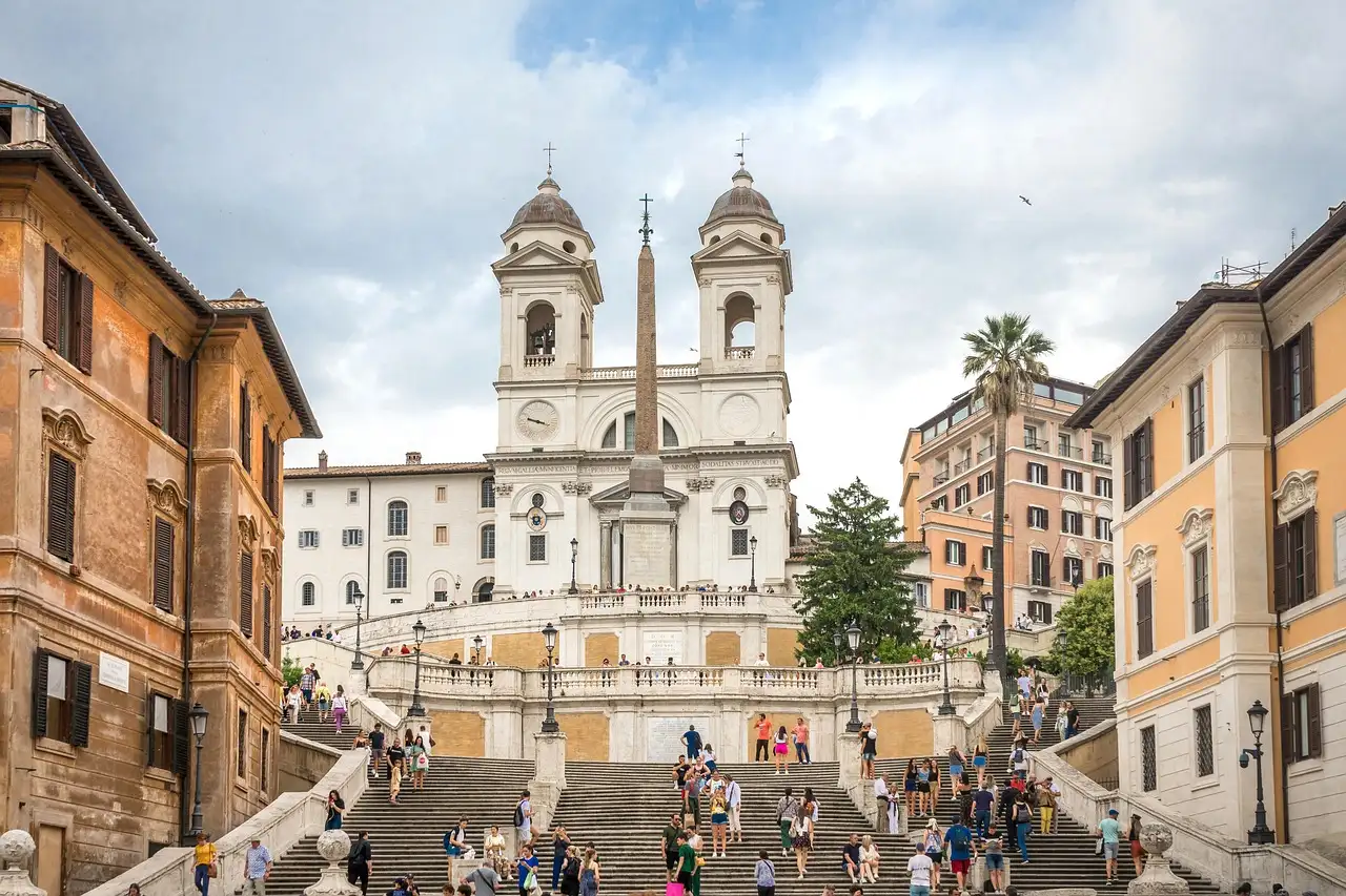 The Spanish Steps leading up to the twin-towered church of Trinità dei Monti