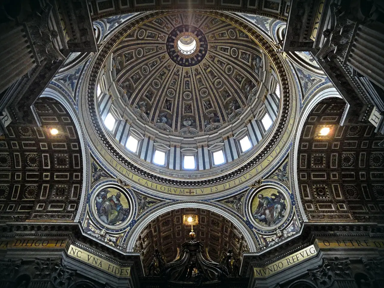 The inside of the dome of St. Peter's Basilica, with light from its windows