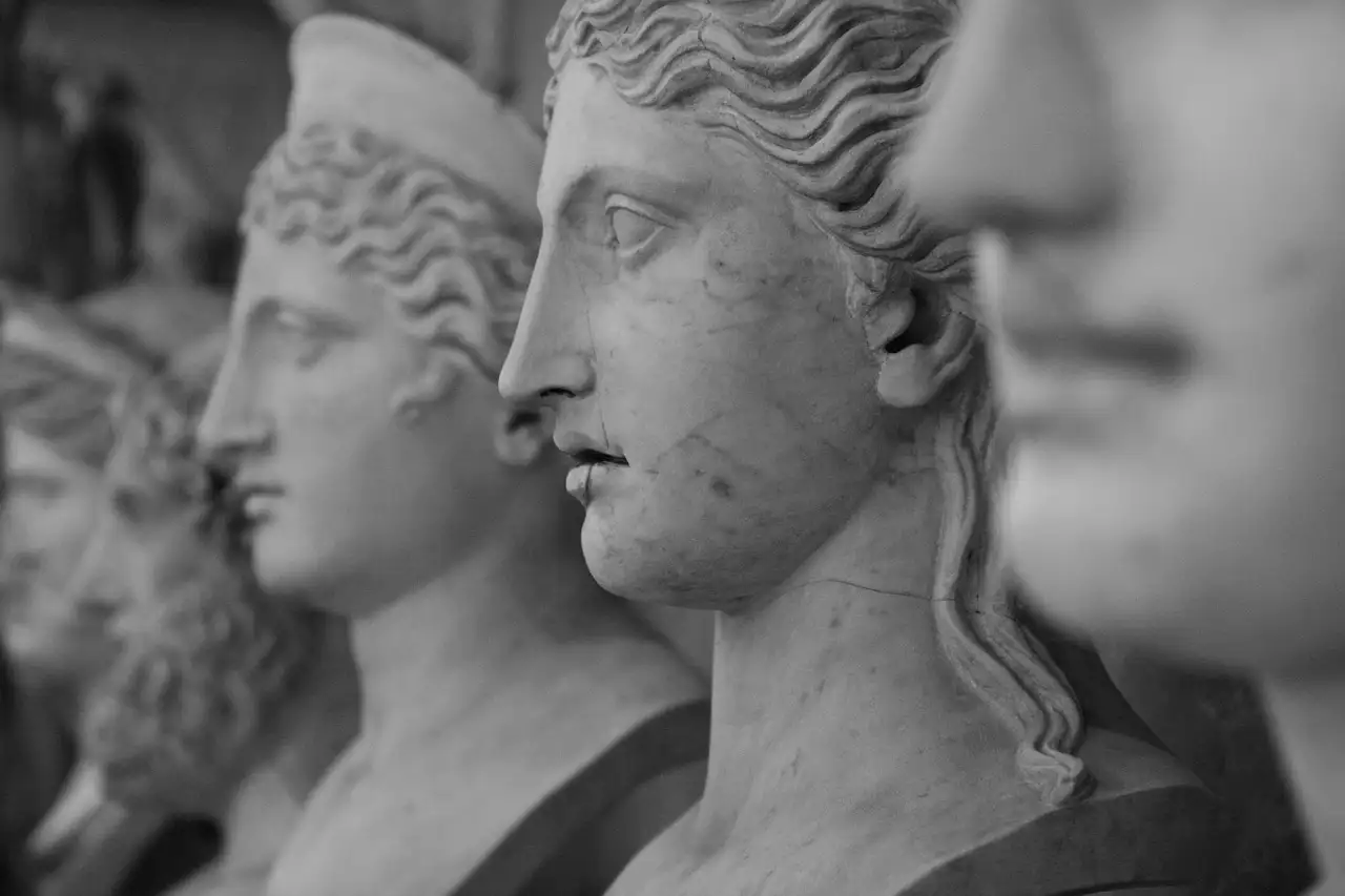 A row of old marble busts in a museum gallery, in black and white