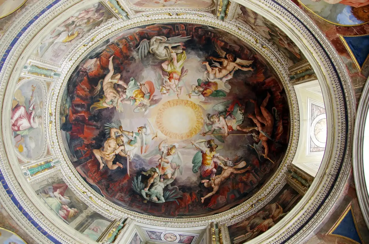 A round painted ceiling in the Vatican Museums