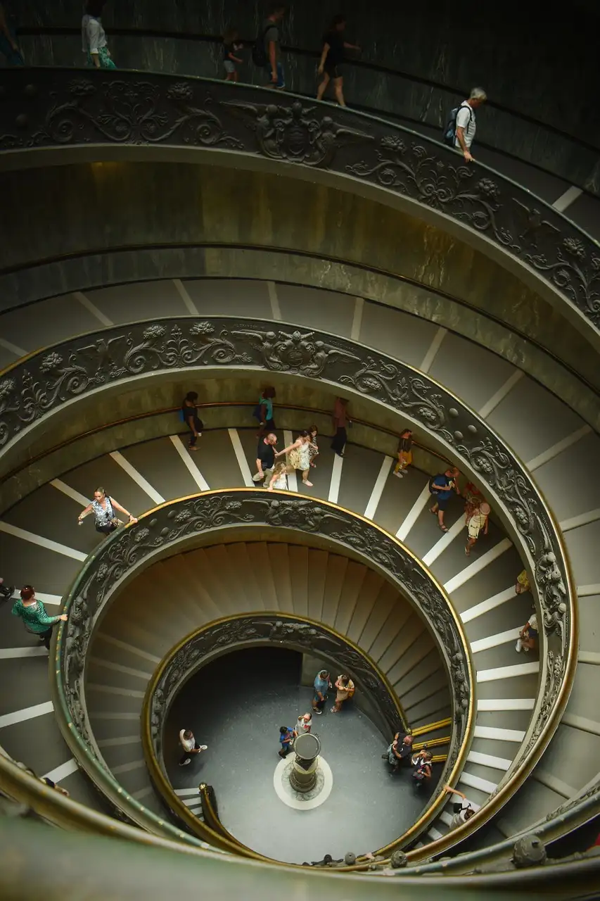 The spiral staircase of the Vatican Museums seen from above