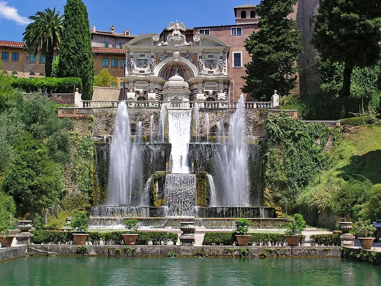 The Neptune Fountain at Villa d'Este in Tivoli, with jets of water below the villa